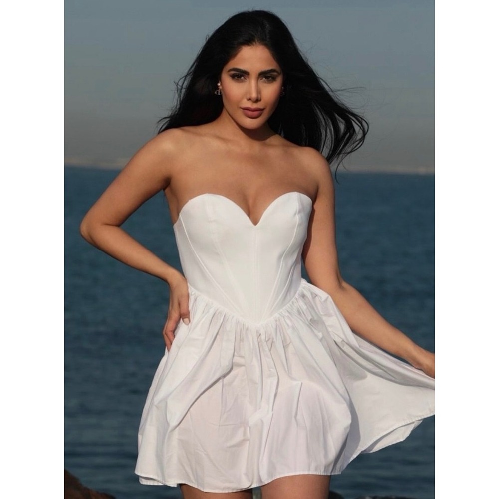 Zara Corset fit and flare Mini Dress L White NEW Sweetheart Strapless Drop Waist